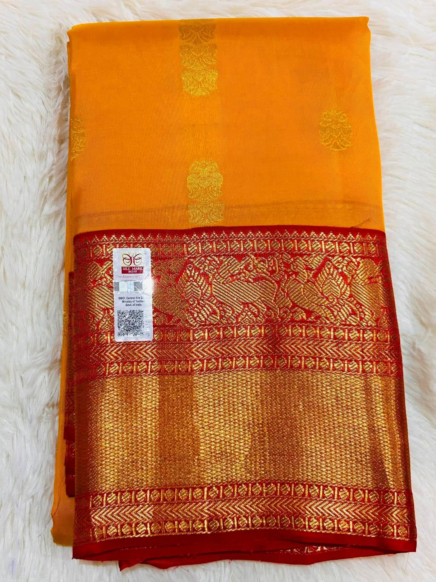 Pure Kanchipuram Silk Saree – Golden Yellow with Rich Red Zari Border