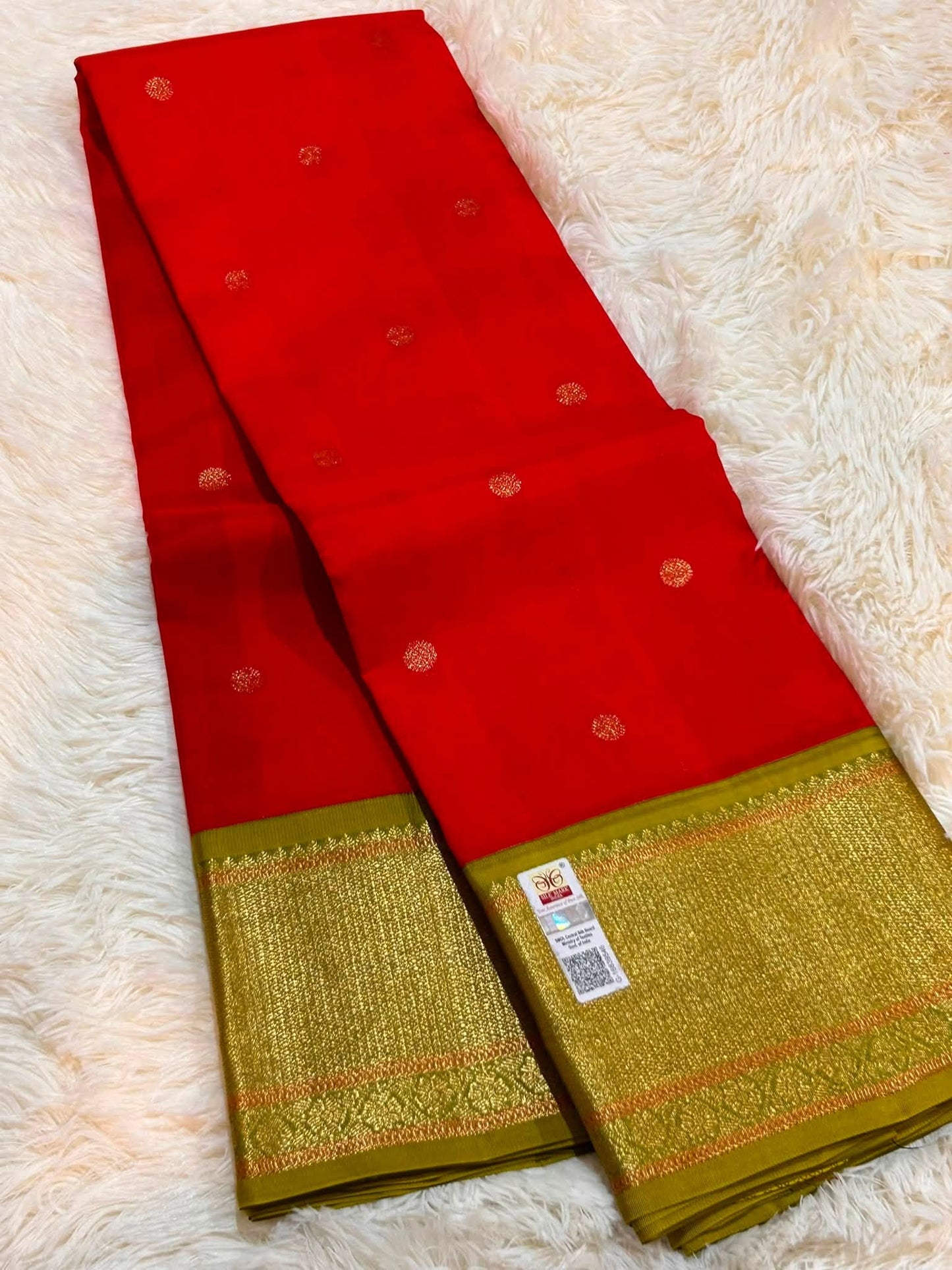 Pure Kanchipuram Silk Saree – Regal Red with Olive Green Zari Border