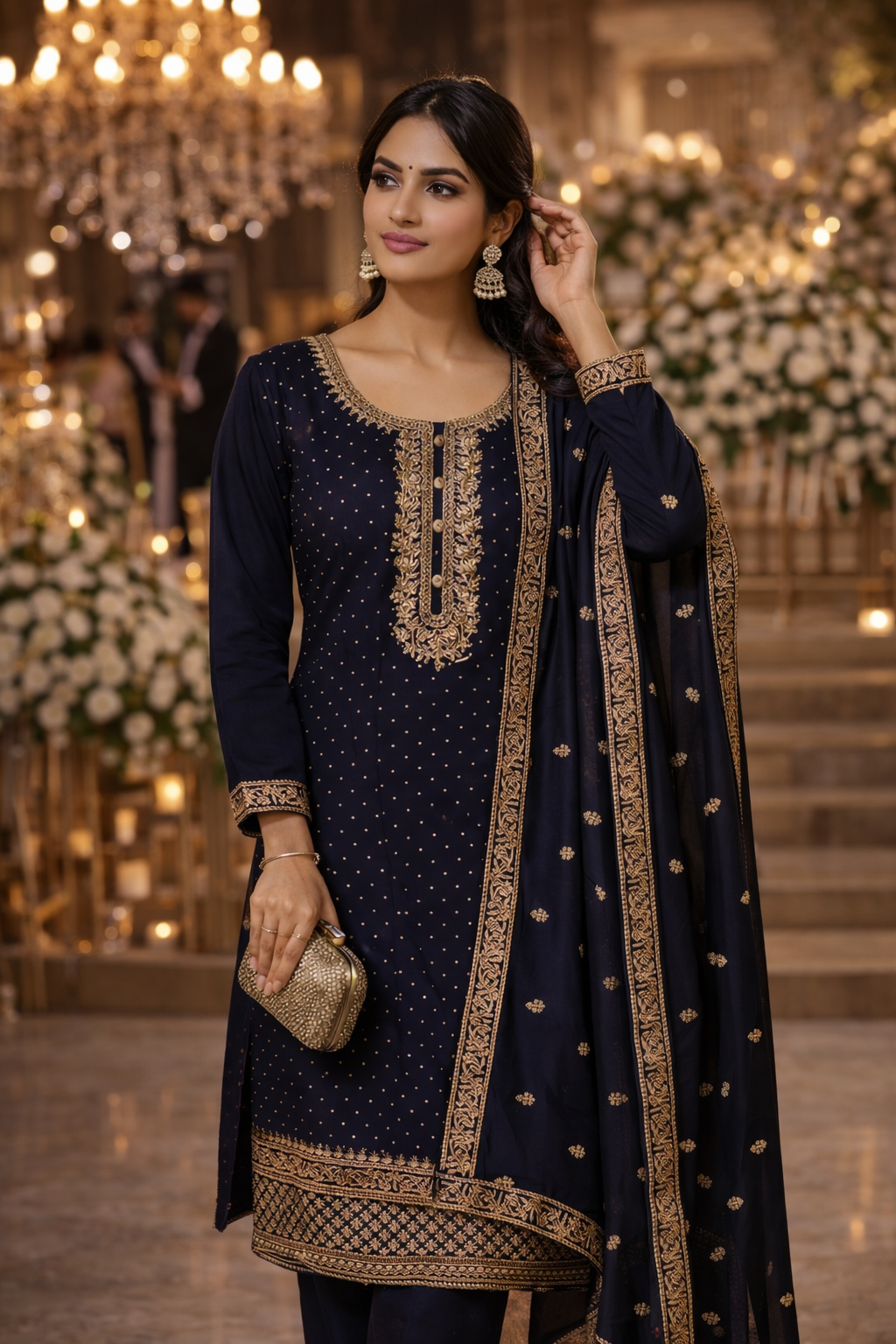 Elegant Navy Blue Embroidered Salwar Suit – Medium (M)