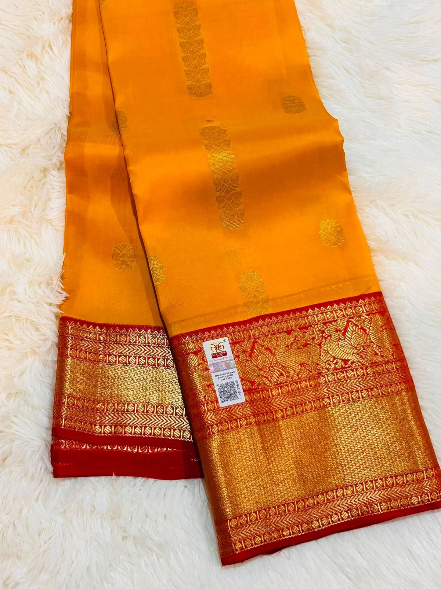 Pure Kanchipuram Silk Saree – Golden Yellow with Rich Red Zari Border