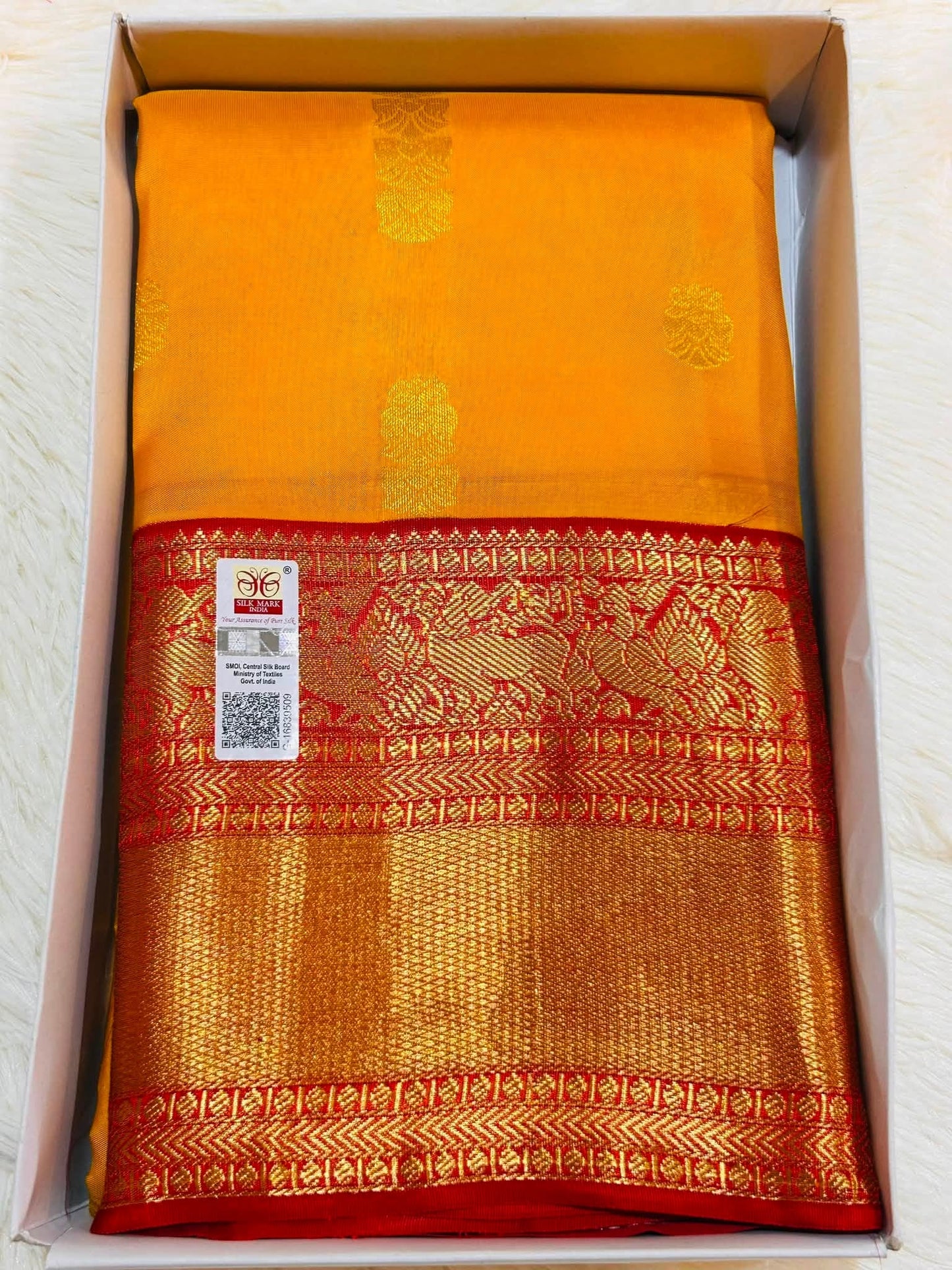 Pure Kanchipuram Silk Saree – Golden Yellow with Rich Red Zari Border