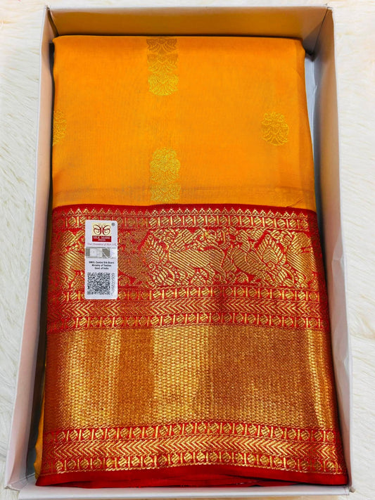 Pure Kanchipuram Silk Saree – Golden Yellow with Rich Red Zari Border