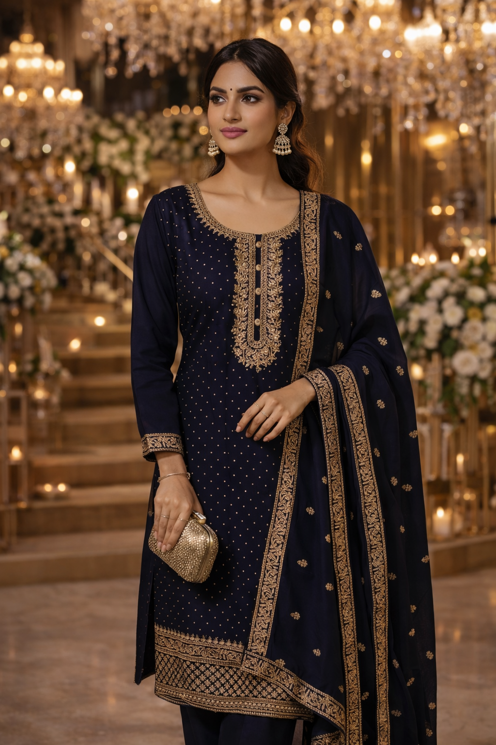 Elegant Navy Blue Embroidered Salwar Suit – Medium (M)