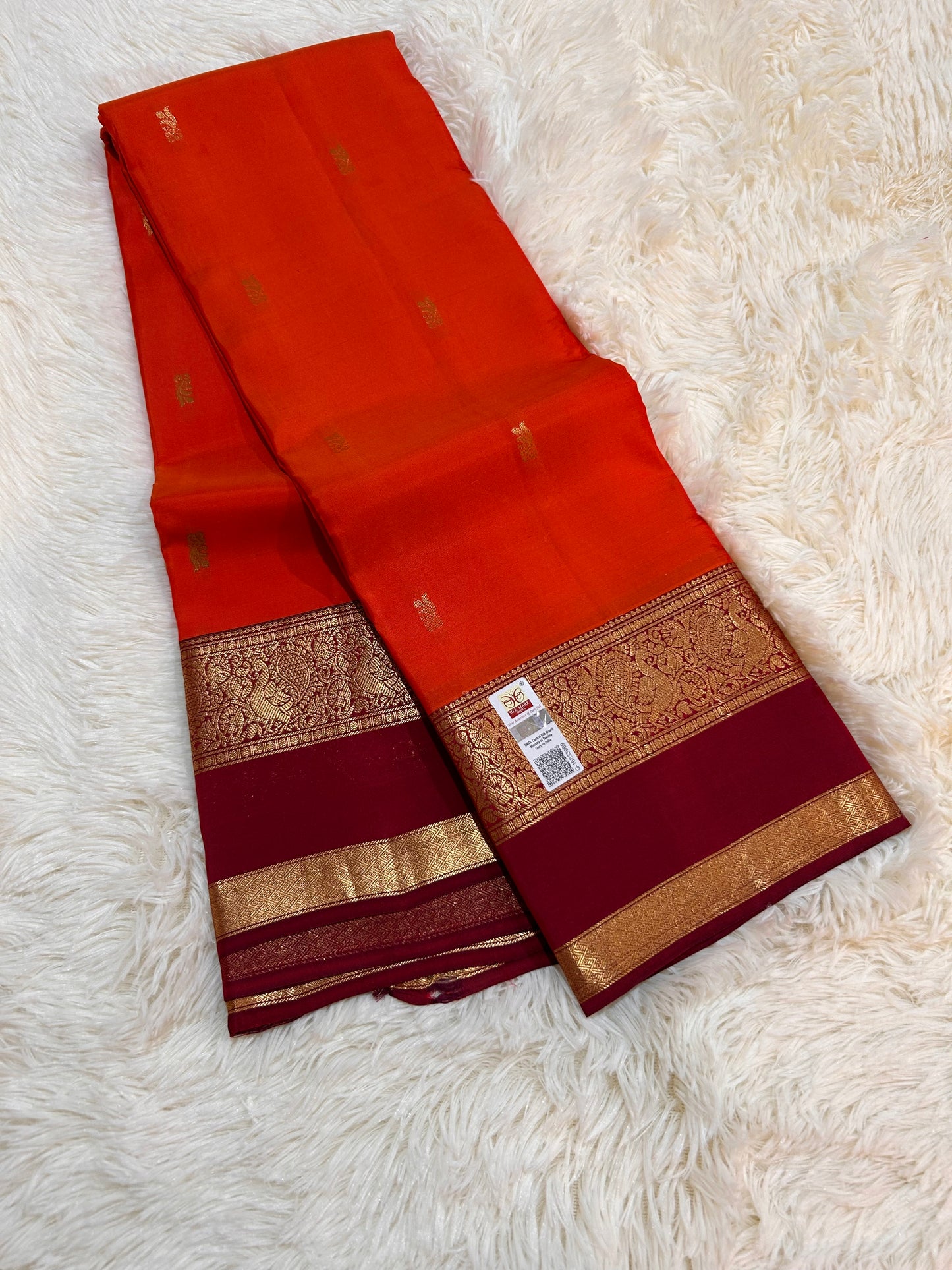 Pure Kanchipuram Soft Silk Saree in Bright Orange & Deep Maroon with Gold Zari Border | Silk Mark Certified