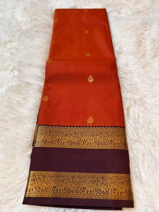Beautiful Rust orange with coffee brown semi kanchipuram saree