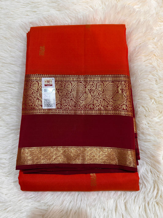 Pure Kanchipuram Soft Silk Saree in Bright Orange & Deep Maroon with Gold Zari Border | Silk Mark Certified