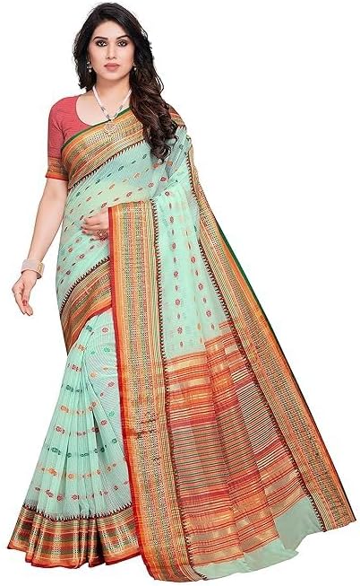 Cotton Saree – Mint Green with Traditional Woven Border