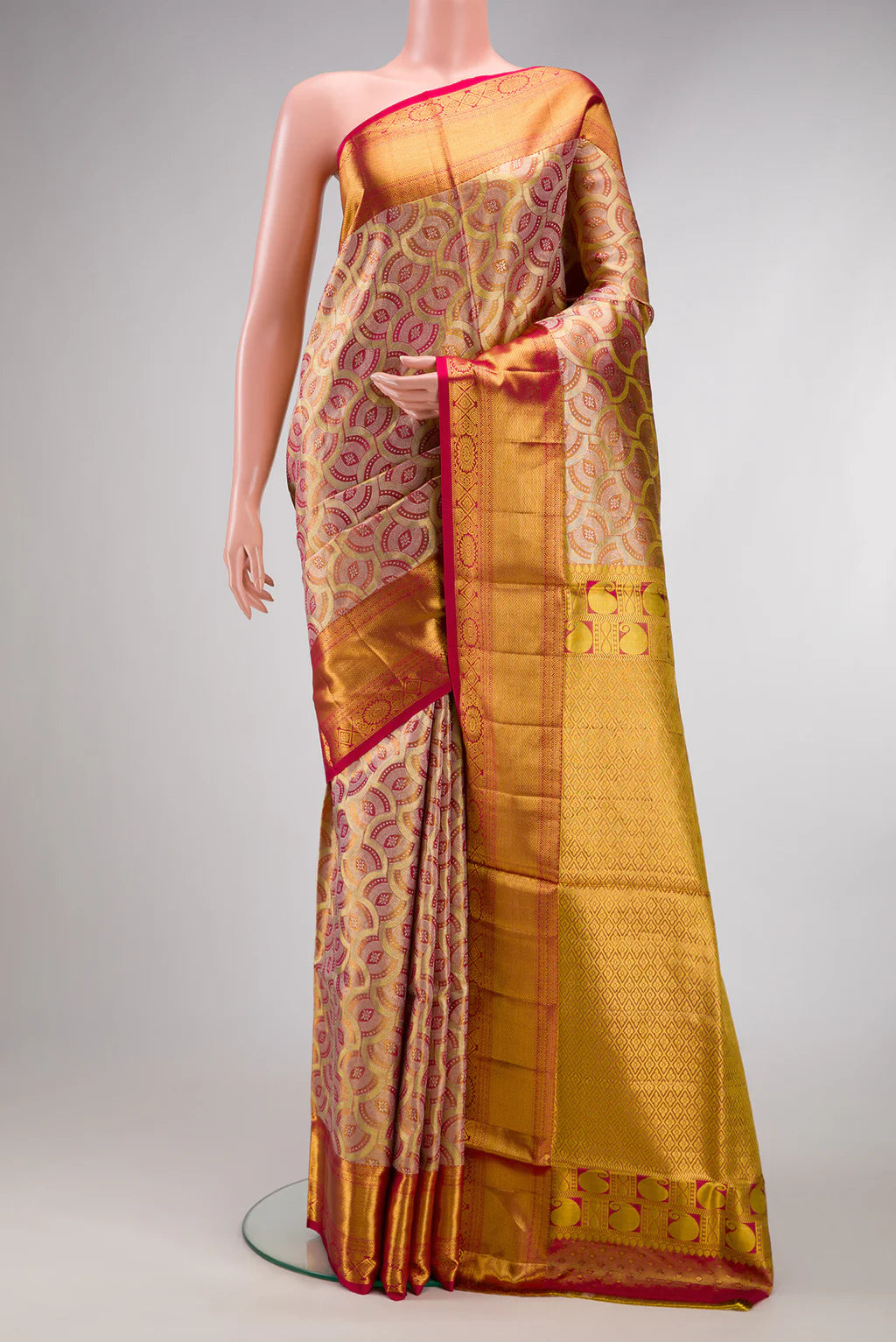 Pure Kanchipuram Silk Saree – Ivory Gold with Pink Zari Weaving