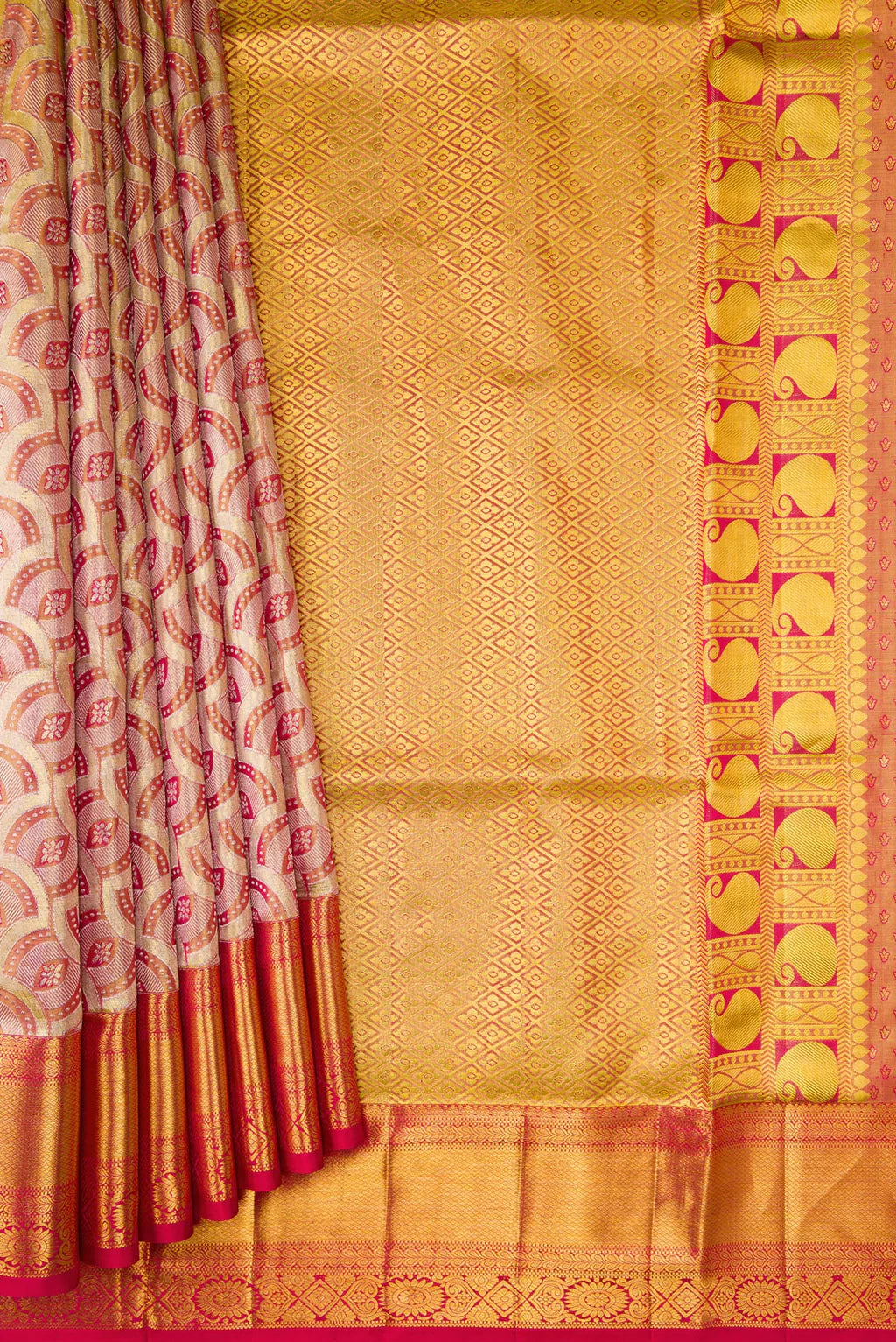 Pure Kanchipuram Silk Saree – Ivory Gold with Pink Zari Weaving