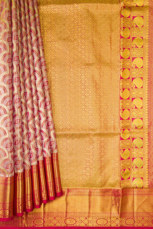 Pure Kanchipuram Silk Saree – Ivory Gold with Pink Zari Weaving
