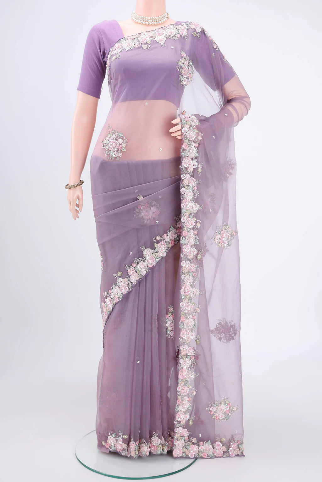 Organza Saree – Dusty Lavender with Floral Embroidery