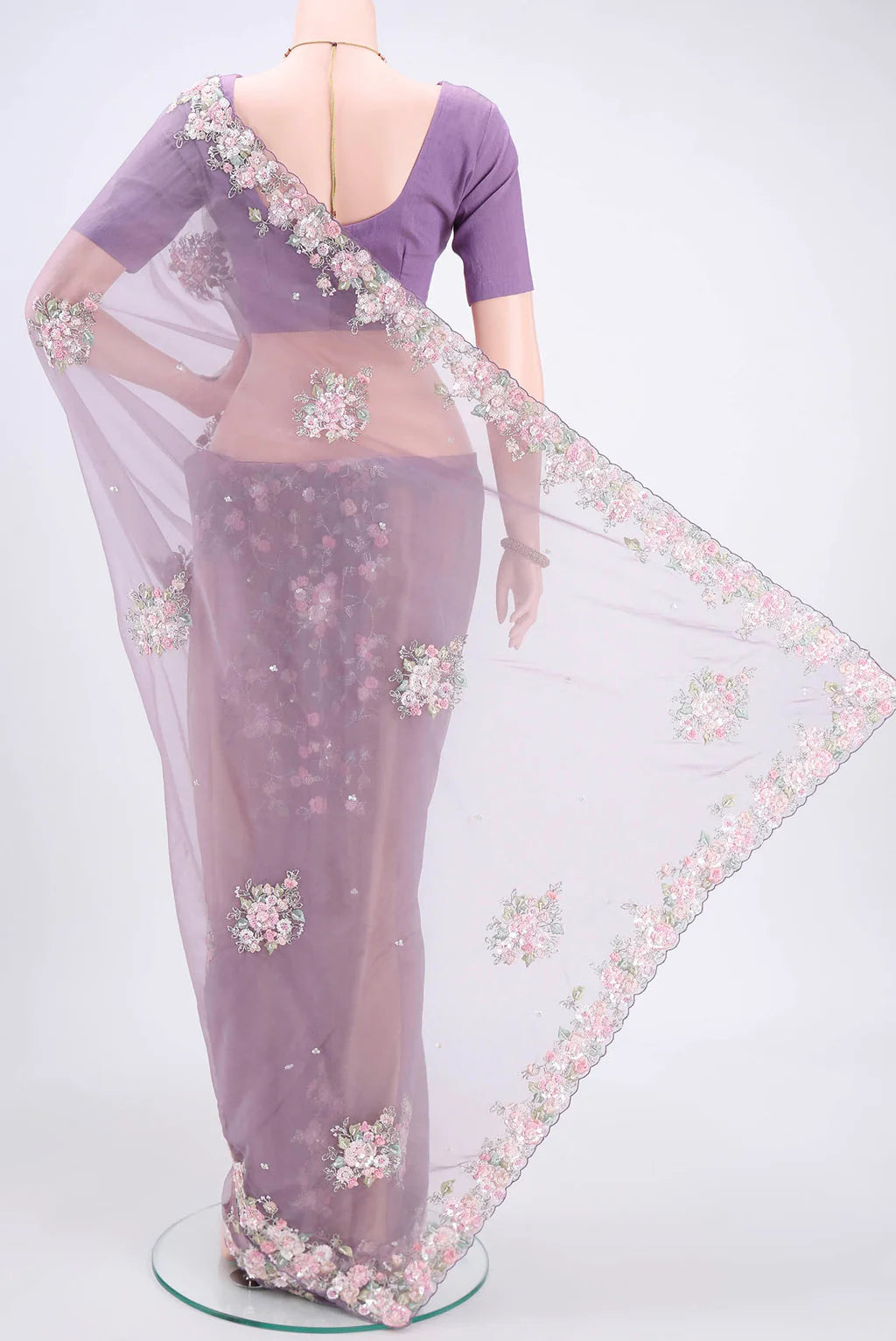 Organza Saree – Dusty Lavender with Floral Embroidery
