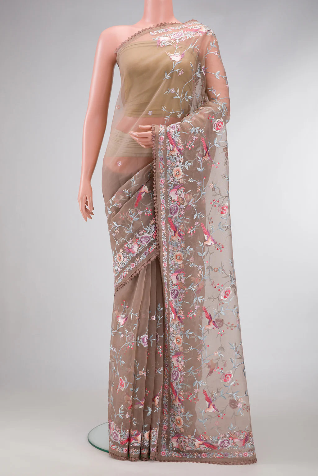 Organza Saree – Taupe Brown with Floral & Bird Embroidery