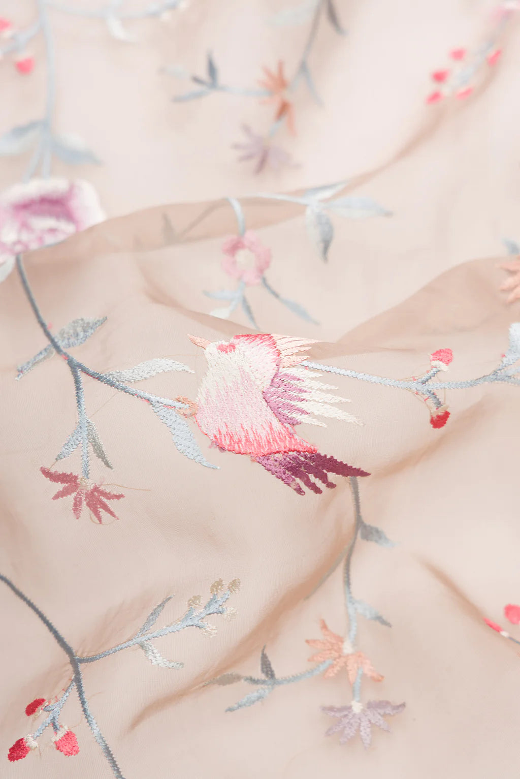 Organza Saree – Taupe Brown with Floral & Bird Embroidery