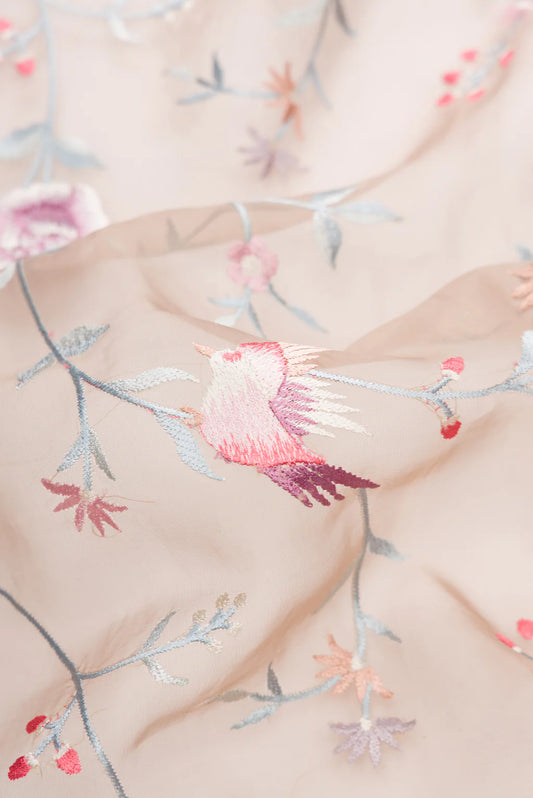 Organza Saree – Taupe Brown with Floral & Bird Embroidery